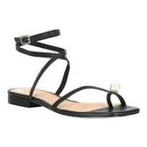 Antonio Melani x MG Style Sonny II Leather Pearl Ornamented Ankle Strap Flat 10M